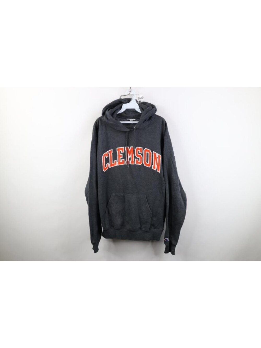 Vintage Champion Mens Medium Spell Out Clemson University Hoodie Sweatshirt Gray